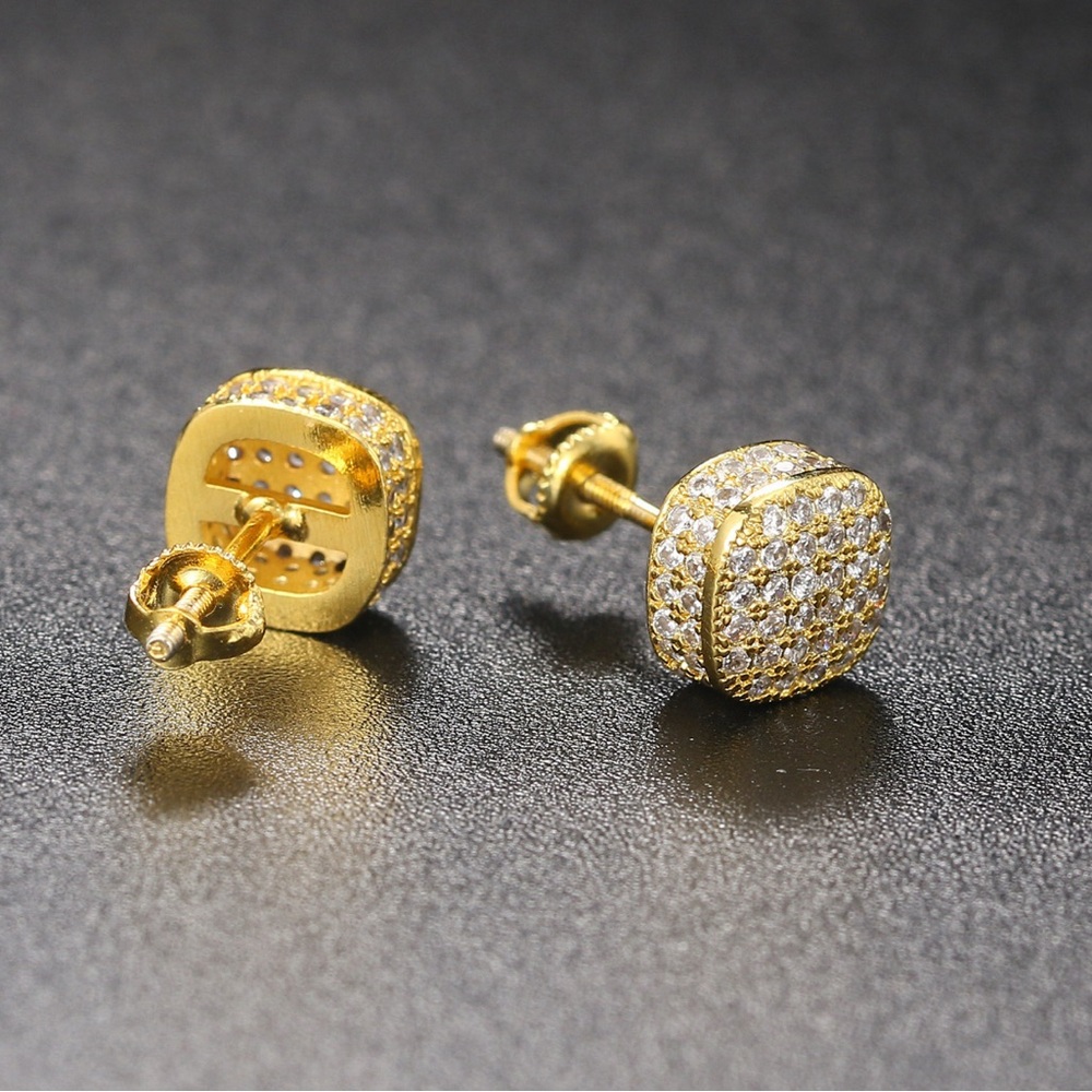 Mens 18K Gold and Silver Cubic Zirconia Stud Earrings
